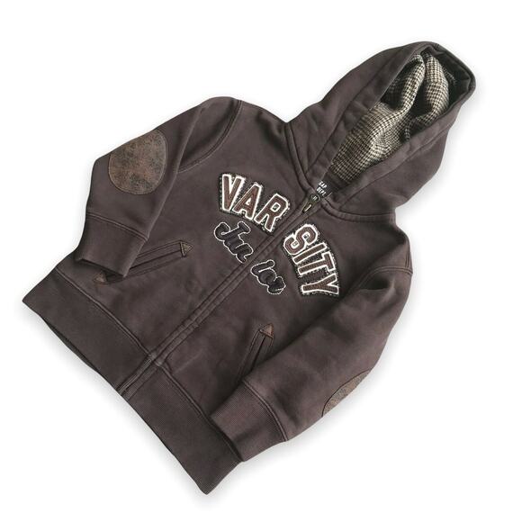 Gap Boys Hoodie Size 2T Brown Zip Front Elbow Patches Tweed Varsity - Picture 1 of 8